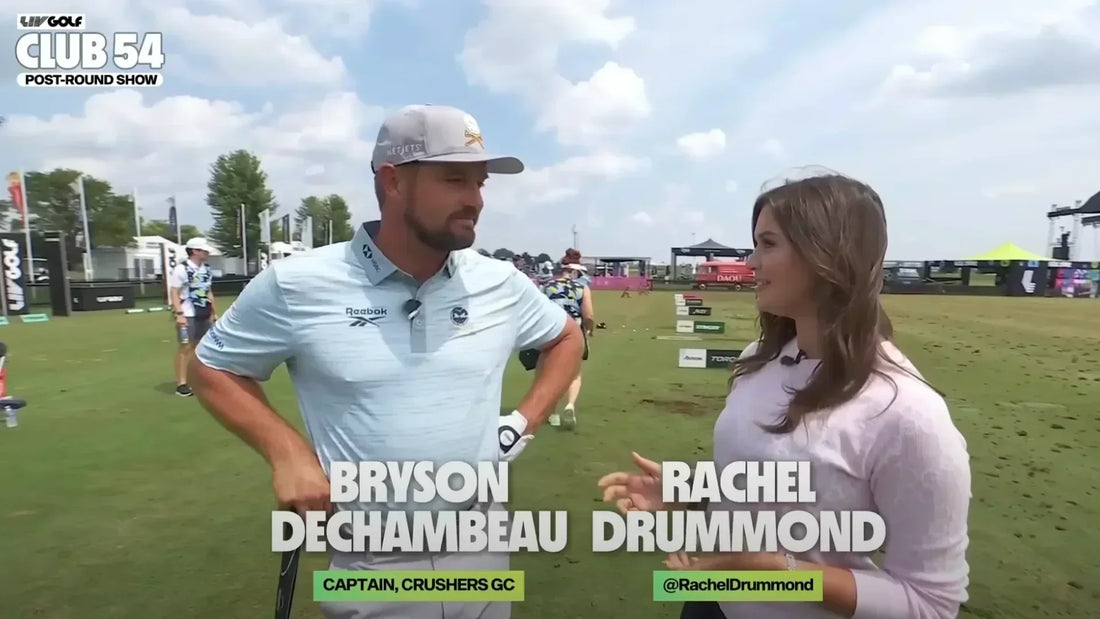 Bryson DeChambeau, captain of Crushers GC, talking with Rachel Drummond during the LIV Golf Club 54 Post-Round Show, with Krank Formula FIRE PRO TOUR driver in hand.