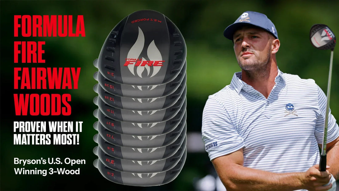 Formula FIRE Fairway Woods stacked by loft next to Bryson DeChambeau mid-swing, highlighting the U.S. Open-winning 3-wood and tour-proven performance.
