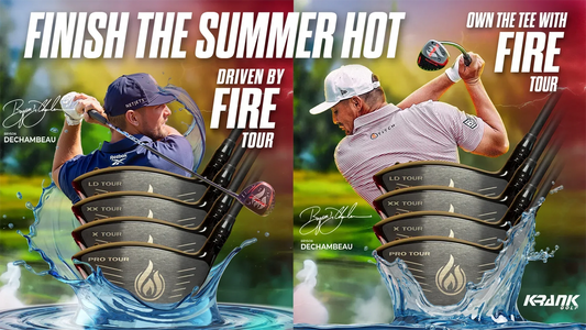 Krank Golf graphic featuring Bryson DeChambeau swinging a driver with water-splashed clubheads in the foreground. Left graphic reads Finish the Summer Hot — Driven by FIRE Tour. Right graphic reads Finish the Summer Hot — Own the Tee with FIRE Tour.