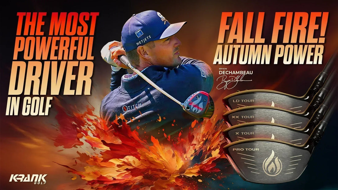 Bryson DeChambeau hitting Krank Golf Formula FIRE Tour drivers — Fall Fire Autumn Power campaign showcasing the most powerful driver in golf