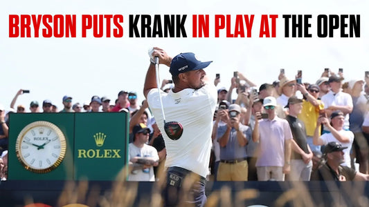 Bryson DeChambeau swinging a Krank Golf driver beneath the headline “Bryson Puts Krank in Play at The Open.”
