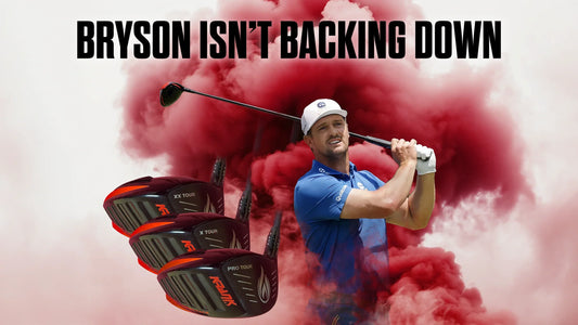 Bryson DeChambeau with Krank Golf Formula FIRE drivers and red smoke graphic highlighting power, commitment, and performance in golf equipment.