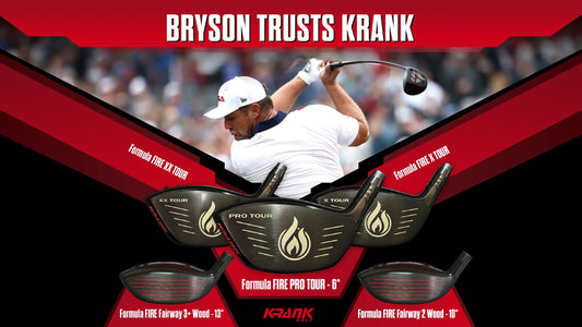 Bryson DeChambeau trusts Krank Golf Formula FIRE TOUR driver and Formula FIRE fairway woods for elite distance performance.