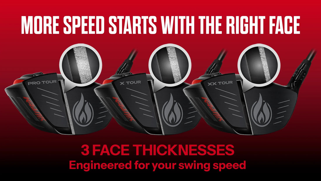 Krank Formula FIRE PRO TOUR, X TOUR and XX TOUR drivers showing three face thicknesses engineered for different swing speeds and more ball speed.