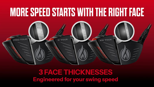 Krank Formula FIRE PRO TOUR, X TOUR and XX TOUR drivers showing three face thicknesses engineered for different swing speeds and more ball speed.
