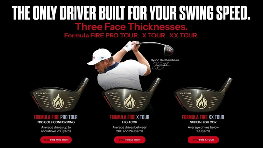 Krank Golf Formula FIRE driver lineup showing PRO TOUR, X TOUR, and XX TOUR face thickness options built for different swing speeds with Bryson DeChambeau.