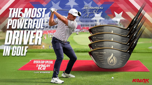 Bryson DeChambeau with Krank Golf FIRE PRO TOUR driver set at Ryder Cup 2025 promoting the most powerful driver in golf with $125 off special.