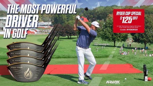 Bryson DeChambeau hitting with Krank Golf FIRE PRO TOUR driver — Ryder Cup Special $125 Off promotion showcasing the most powerful driver in golf.
