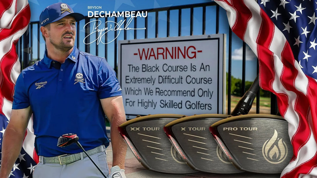 Bryson DeChambeau with Krank Golf drivers in front of the Bethpage Black warning sign, promoting Ryder Cup Special $125 Off