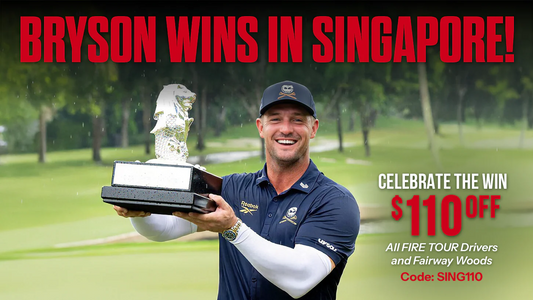 Bryson DeChambeau holding trophy after winning LIV Golf Singapore with promotional $110 off Krank Golf drivers and fairway woods banner