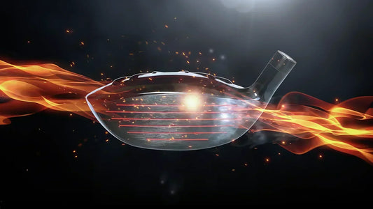 Close-up of the Krank Golf Formula FIRE Fairway Wood clubface with red heat lines and flames symbolizing explosive ball speed and energy transfer.