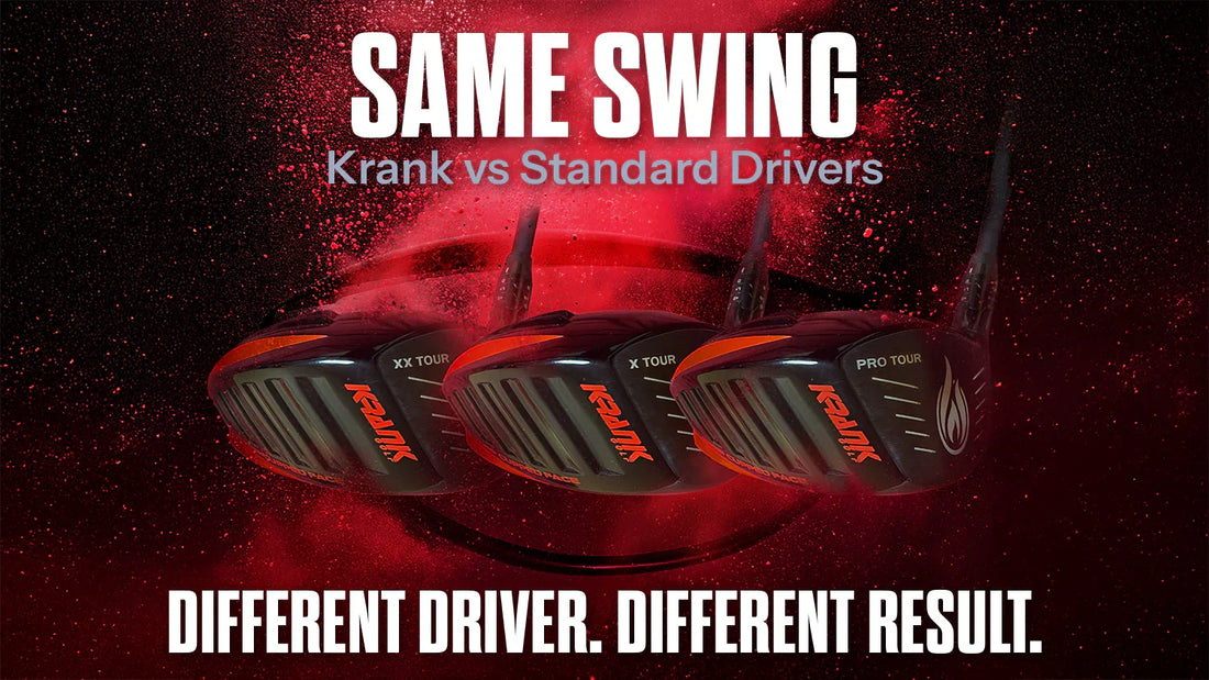 Three Krank Golf drivers (Pro, X, and XX) illustrating how different driver designs produce different results from the same swing