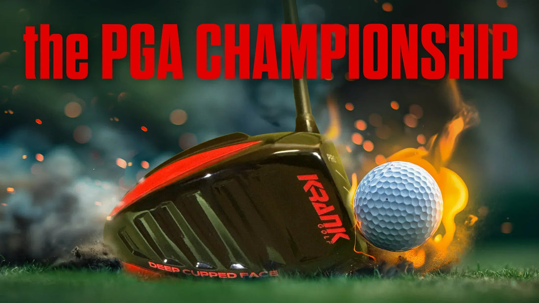 Krank Golf Formula FIRE driver beside a golf ball with PGA Championship sale graphic text.
