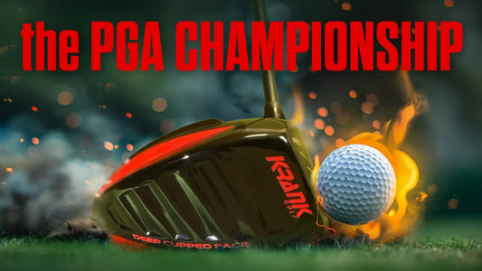 Krank Golf Formula FIRE driver beside a golf ball with PGA Championship sale graphic text.